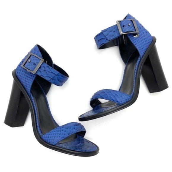 Tibi Snakeskin Embossed Leather Chunky Heel Ankle Strap Buckle Sandal Royal Blue - Picture 3 of 9